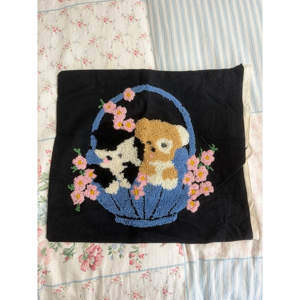 VTG Punchwork Punch Needle Needlework Dogs in Basket Pillow Cover Hand Hooked
